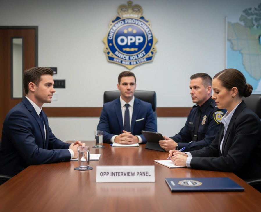 A candidate sits at a table for the OPP interview process in front of an OPP interview panel.