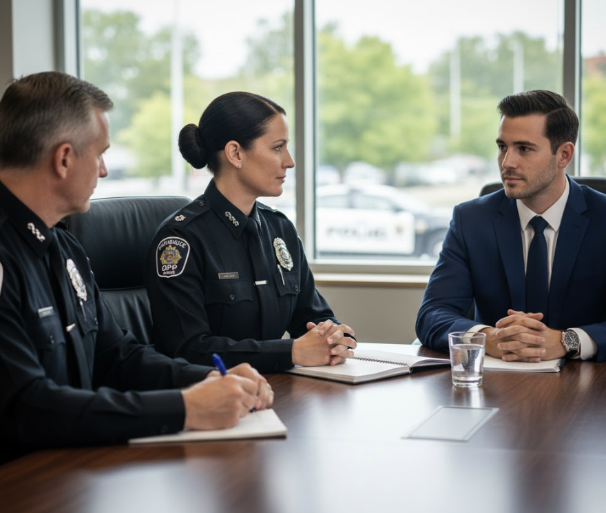 A female Ontario Provincial Police (OPP) officer in uniform conducts a professional job interview with a male candidate in a suit.