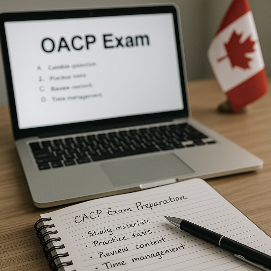 Canadian applicant completing an online OACP practice exam on a laptop