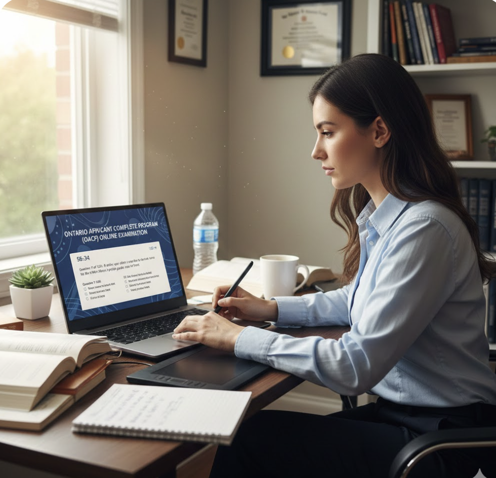 Applicant completing an online OACP practice test on a laptop while taking notes, preparing for the 2026 Ontario police hiring exams.