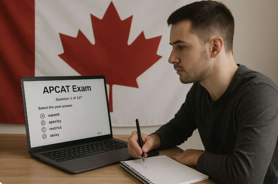 Applicant completing an APCAT practice test online with a Canadian flag in the background