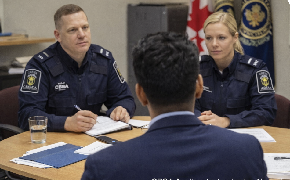 CBSA interview panel speaking with a border services officer applicant during a structured interview