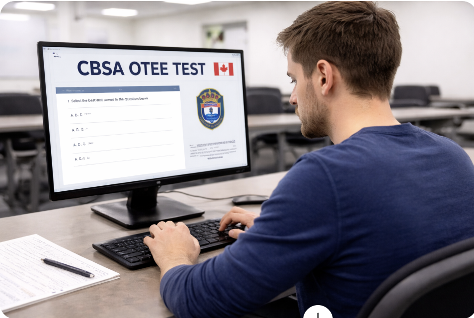 Applicant completing the CBSA OTEE test online on a computer during the Officer Trainee Entrance Exam.
