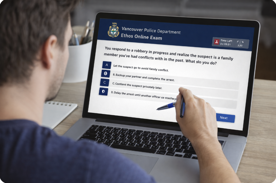 Applicant completing the Ethos exam on a laptop for Vancouver Police Department recruitment, answering situational judgment test questions used in Canadian police hiring.