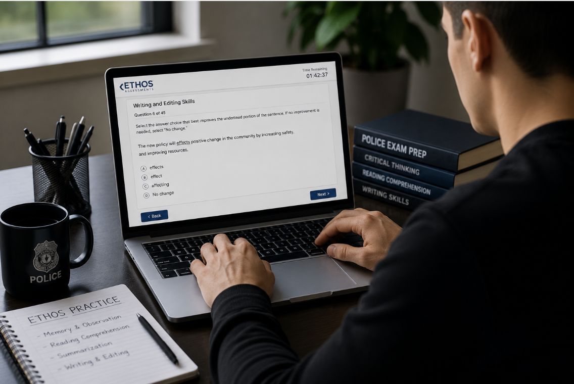 Applicant taking the ETHOS Assessment online while preparing for a BC police recruitment exam.