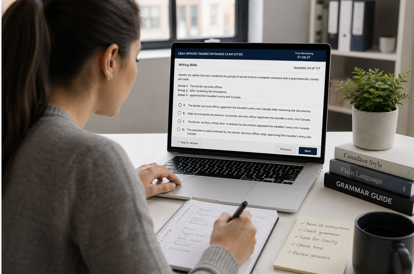 Applicant completing the CBSA OTEE Writing Skills practice exam on a laptop before the Border Services Officer entrance exam.