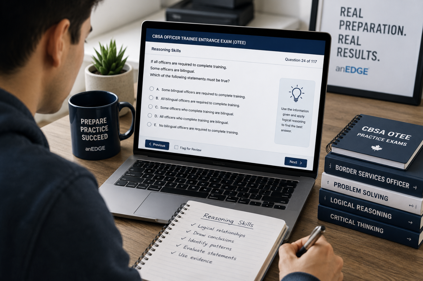 Applicant completing CBSA OTEE Reasoning Skills practice questions on a laptop while preparing for the Border Services Officer entrance exam.