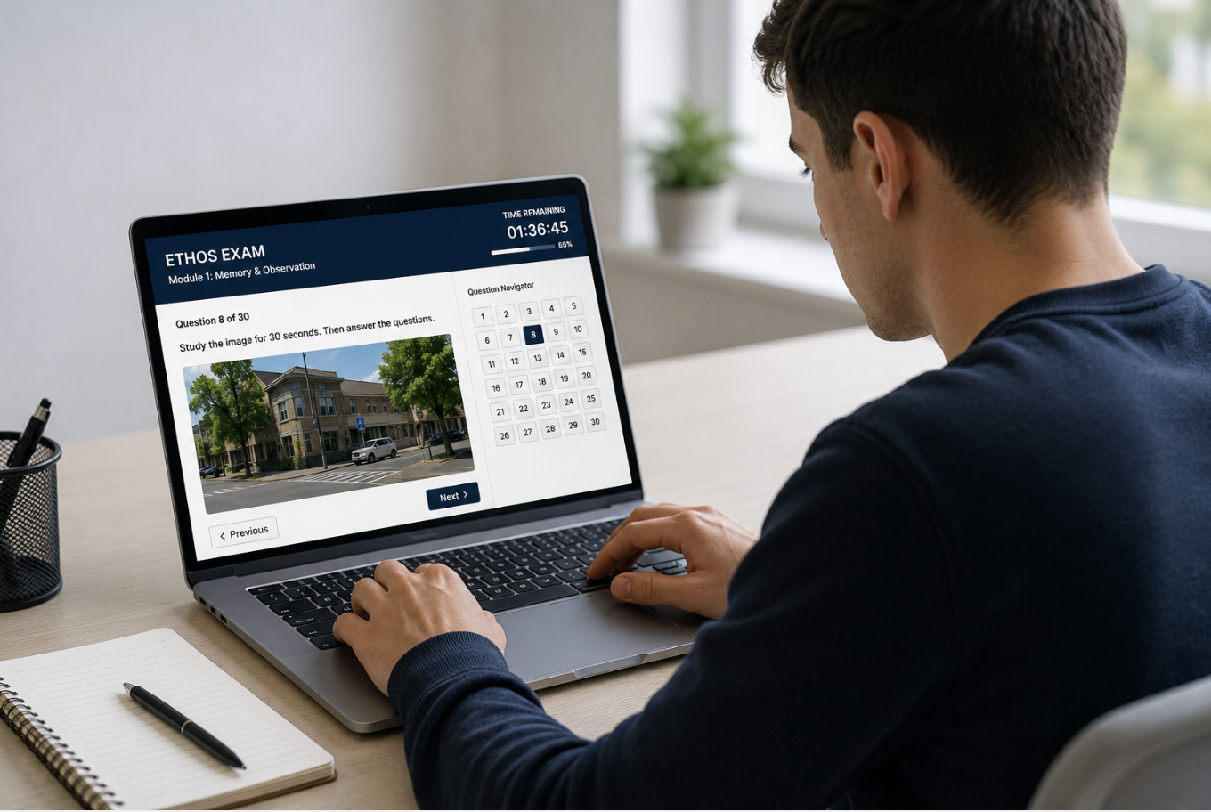 Police applicant completing the online ETHOS Exam practice test on a laptop while preparing for the British Columbia police recruitment process.