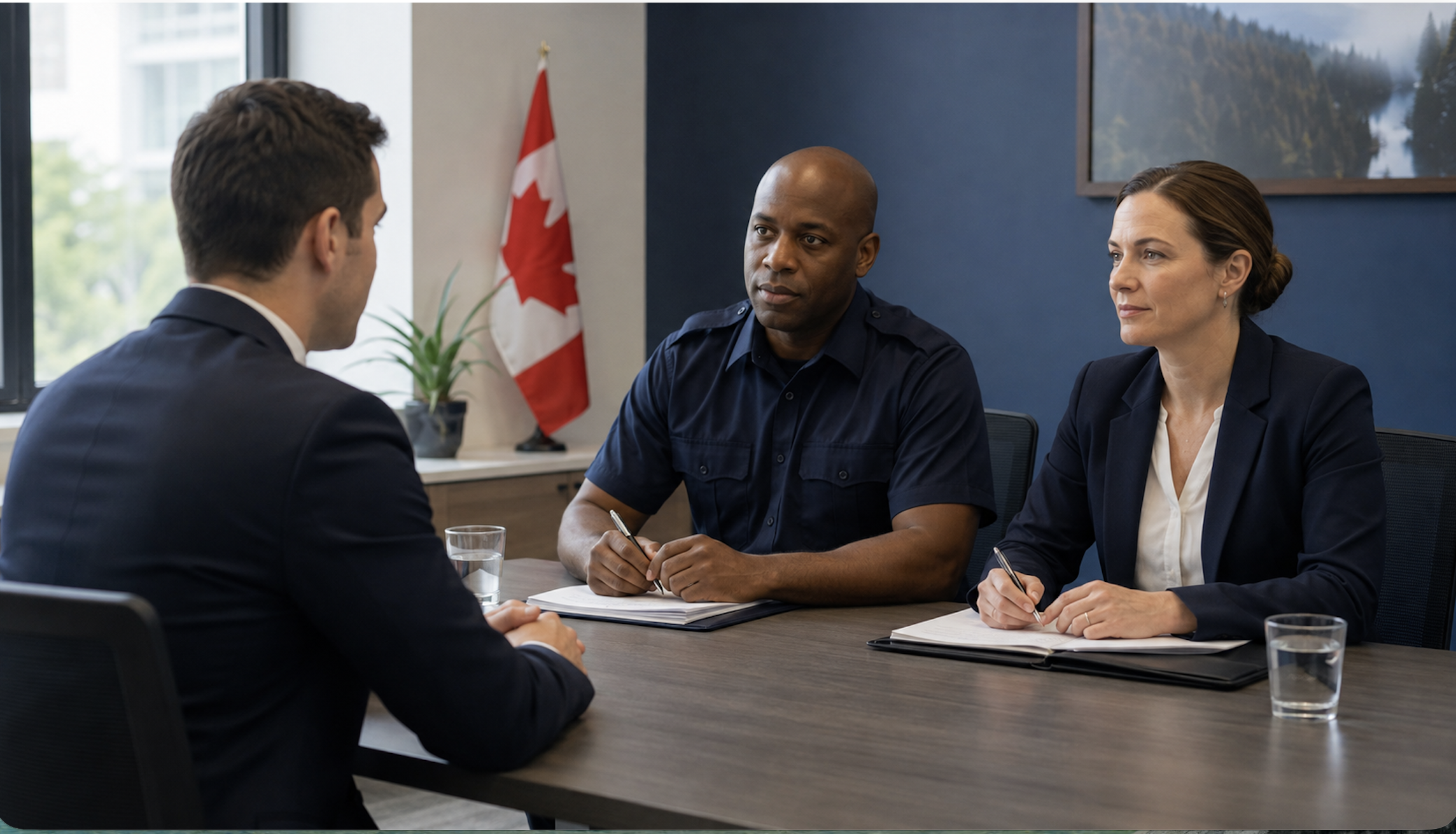 Correctional officer applicant answering questions during a professional panel interview in Canada