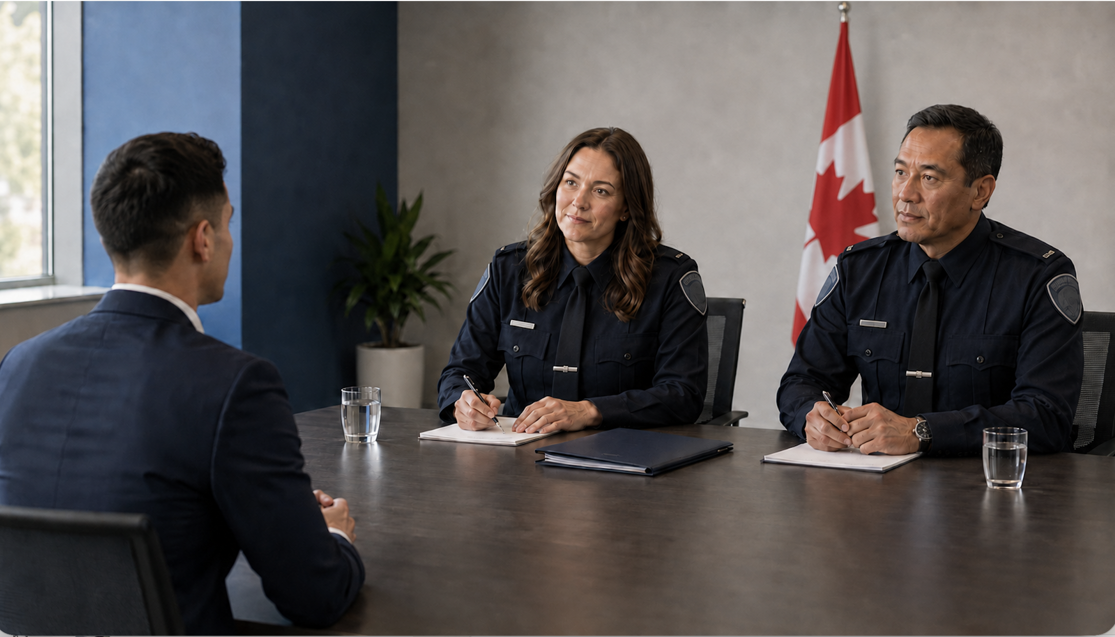 Canadian police officers conducting an Essential Competency Interview with a police applicant