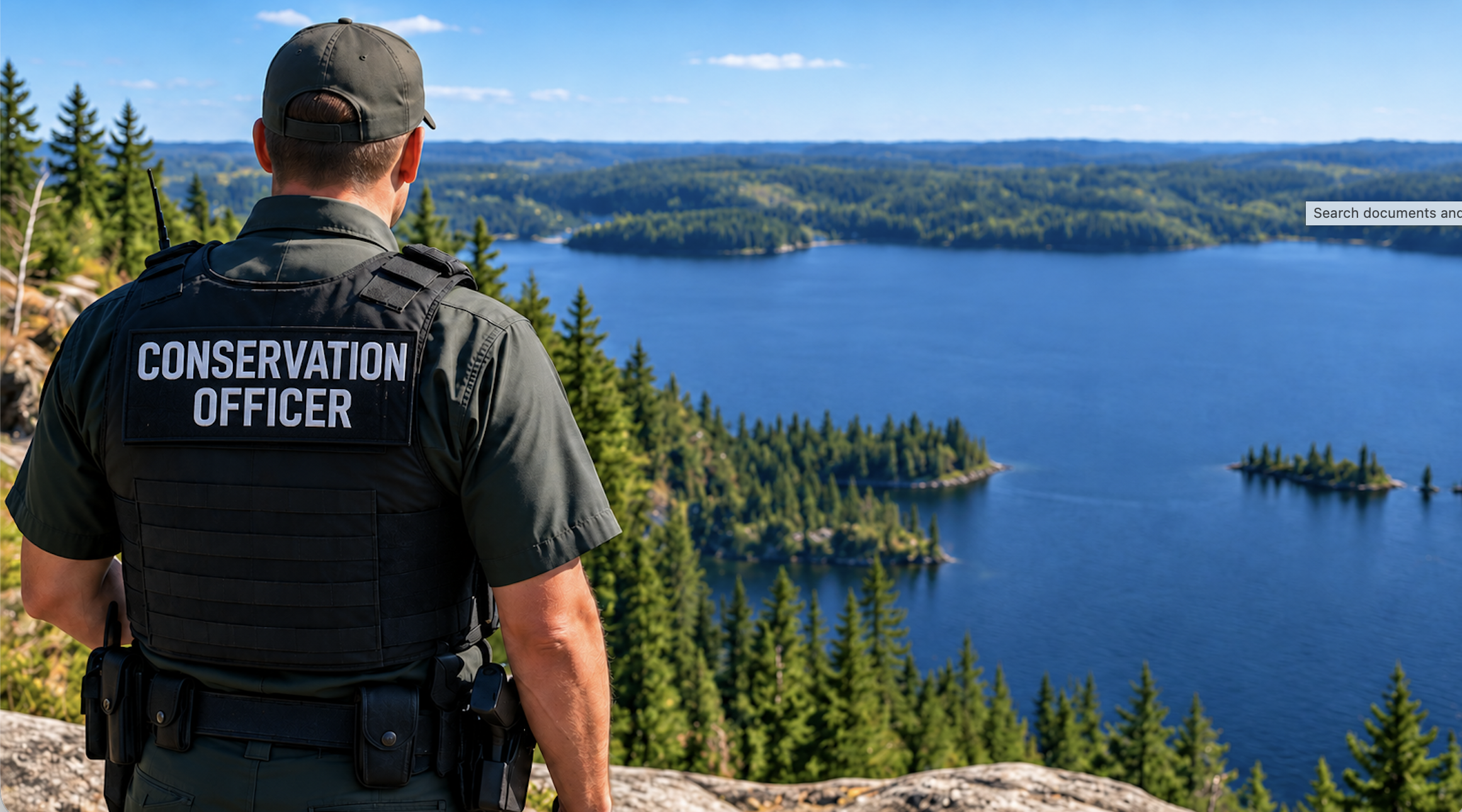 Ontario Conservation Officer overlooking a lake and forest